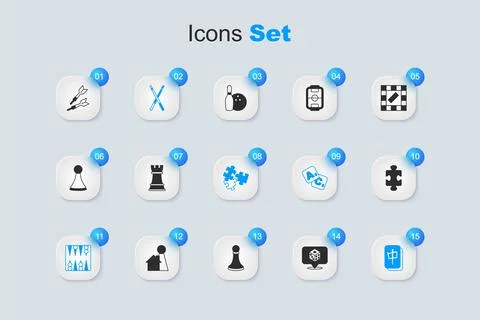 Set Game dice, Chess, Crossed billiard cues, Backgammon board, Mahjong piec.. Illustrazione stock