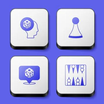Set Game dice, Chip for board game, and Backgammon icon. White square button Illustrazione stock