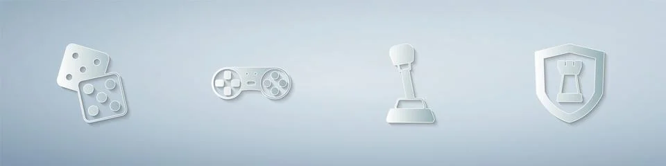 Set Game dice, controller or joystick, Gear shifter and Chess shield. Paper art Stockillustratie