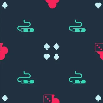 Set Game dice, Deck of playing cards and Cigar on seamless pattern. Vector Stock Illustration
