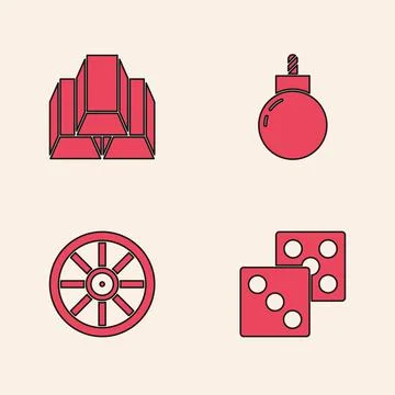 Set Game dice, Gold bars, Bomb ready to explode and Old wooden wheel icon Stock Illustration