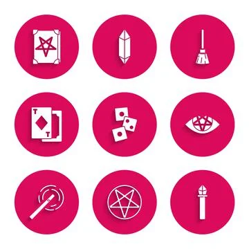 Set Game dice, Pentagram in circle, Magic staff, wand, Playing cards, Witches Illustration