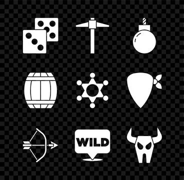 Set Game dice, Pickaxe, Bomb ready to explode, Bow and arrow in quiver, Poi.. Stock Illustration