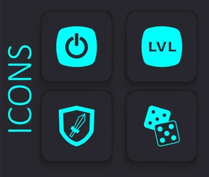 Set Game dice, Power button, Level game and Sword for icon. Black square button Illustrazione stock