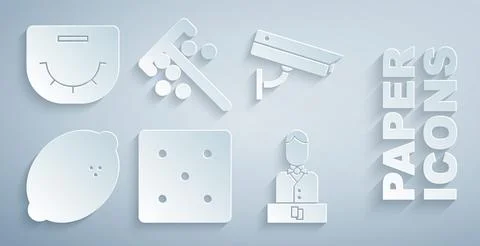 Set Game dice, Security camera, Casino slot machine with lemon, dealer, Stick Stock Illustration