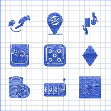 Set Game dice, Slot machine, Online casino chips exchange on stacks of dollars Stock Illustration