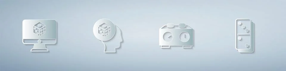 Set Game dice, Time chess clock and Domino. Paper art style. Vector Ilustración de archivo