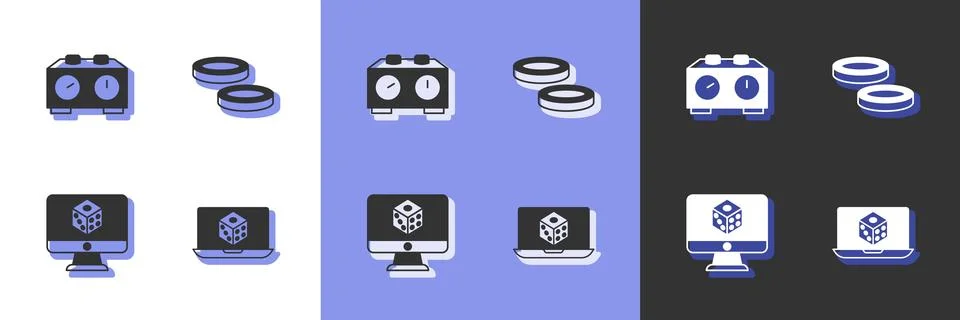 Set Game dice, Time chess clock, and Checker game chips icon. Vector Ilustración de archivo