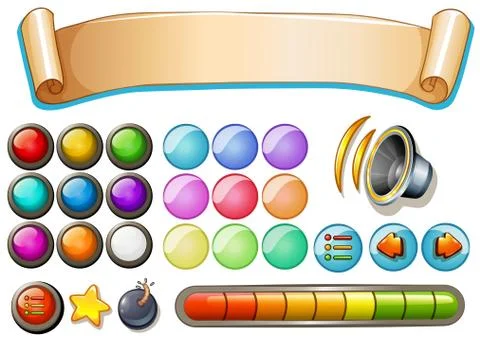 Set of game elements with banner and buttons 스톡 일러스트