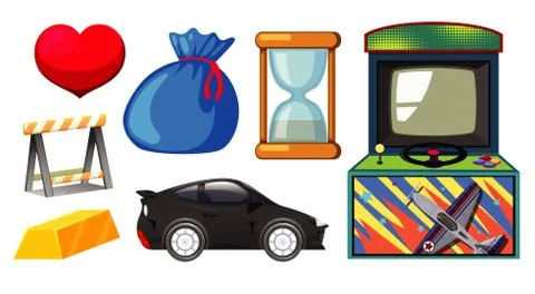 Set of game elements with game machine on isolated background 스톡 일러스트