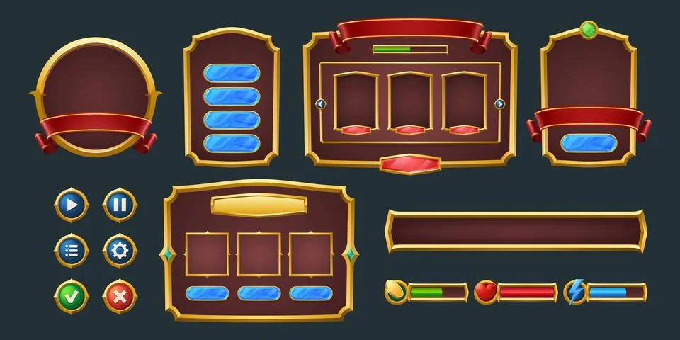 Set of game frames, bars and menu buttons kit イラスト素材