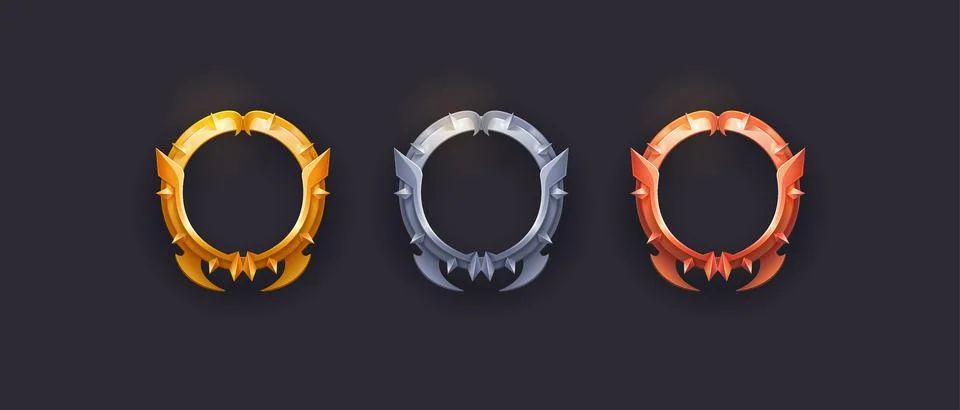 Set of game frames on black background. Gold, silver, bronze metal luxury ui Stock Illustration