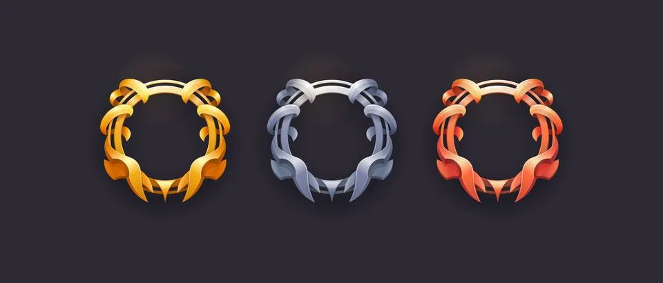 Set of game frames on black background. Gold, silver, bronze metal luxury ui Stock Illustration