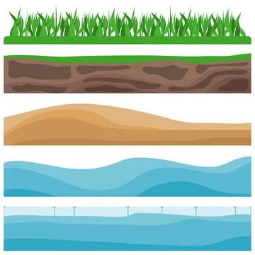 Set of game landscape banners with grass soil sand and water vector Illustrazione stock