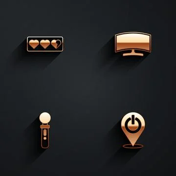 Set Game life bar, Computer monitor, VR controller game and Power button icon Stock Illustration