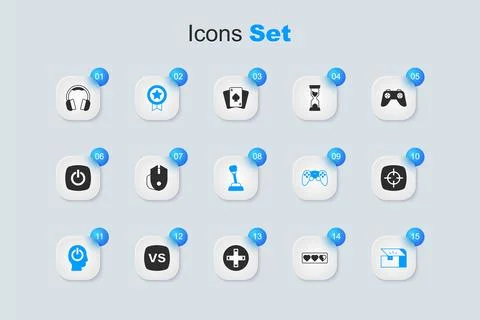 Set Game life bar, Computer mouse, rating with medal, Power button, Chest f.. Stock Illustration