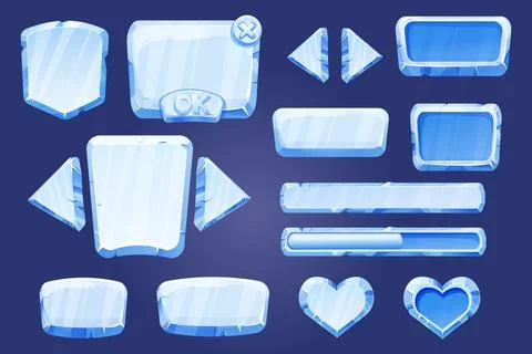 Set game menu assets ice buttons, interface elements 2d in cartoon style Illustrazione stock