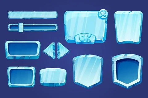 Set game menu assets ice buttons, interface elements 2d in cartoon style Illustrazione stock