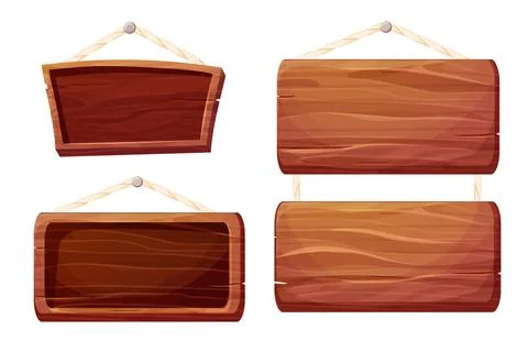 Set Game menu wooden frame, panel textured with rope hanging plank in cartoon 스톡 일러스트