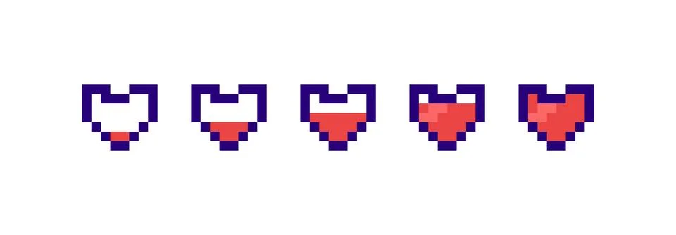 Set of game pixel hearts. Loading, waiting or installing process, life or h.. Illustrazione stock