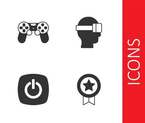 Set Game rating with medal, controller or joystick, Power button and Virtual Illustrazione stock