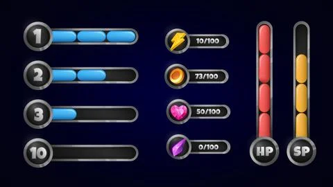 Set of game resource bars. Gui elements for Computer Game. Gaming Design 스톡 일러스트