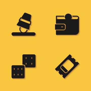 Set Game thimbles, Circus ticket, dice and Wallet icon with long shadow. Vector Stock Illustration