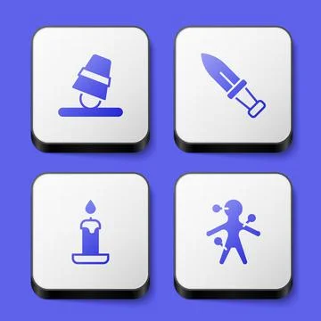 Set Game thimbles, Dagger, Burning candle and Voodoo doll icon. White square 스톡 일러스트