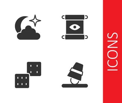 Set Game thimbles, Moon and stars, dice and Magic scroll icon. Vector Illustrazione stock