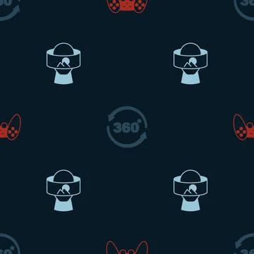 Set Gamepad, 360 degree view and Virtual reality glasses on seamless pattern Illustrazione stock