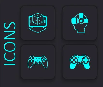Set Gamepad, 3d modeling, Virtual reality glasses and  icon. Black square b.. Illustrazione stock
