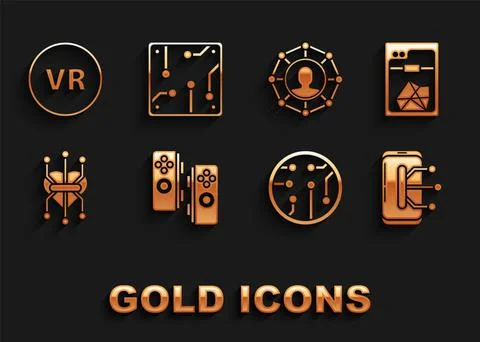 Set Gamepad, 3D printer, Smartphone, mobile phone, Processor, Project team base Illustrazione stock