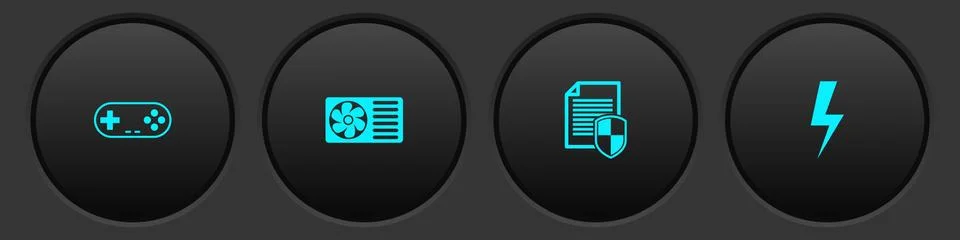 Set Gamepad, Air conditioner, Document protection and Lightning bolt icon Illustrazione stock