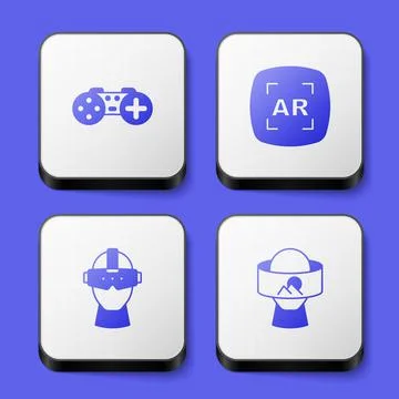 Set Gamepad, Augmented reality AR, Virtual glasses and icon. White square button Stock Illustration