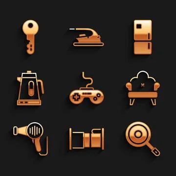 Set Gamepad, Bed, Frying pan, Sofa, Hair dryer, Electric kettle, Refrigerator Ilustração Stock