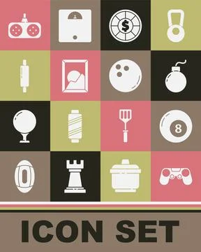Set Gamepad, Billiard pool snooker ball, Bomb ready to explode, Casino chip.. Stock Illustration