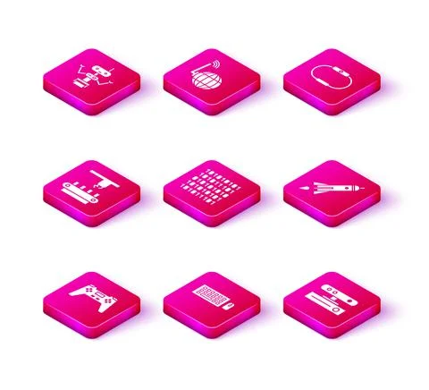Set Gamepad, Keyboard and mouse, Factory conveyor system belt, Binary code Illustrazione stock