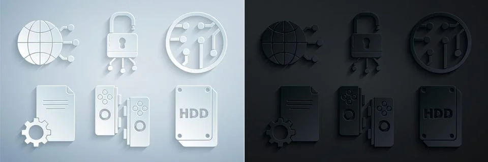 Set Gamepad, Processor, File document, Hard disk drive HDD, Lock on digital イラスト素材