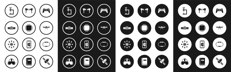 Set Gamepad, Processor with microcircuits CPU, Smartwatch, Microscope, Drone Stock Illustration