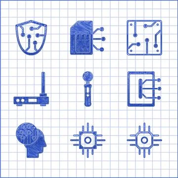 Set Gamepad, Processor, Tablet, Human brain as digital circuit board, Router and Stock Illustration