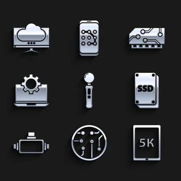 Set Gamepad, Processor, Tablet with text 5k, SSD card, Virtual reality glas.. 스톡 일러스트