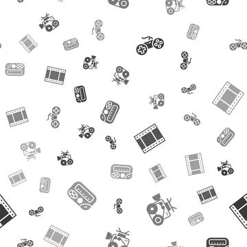 Set Gamepad, Retro cinema camera, Play Video and Pager on seamless pattern イラスト素材