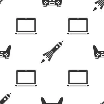 Set Gamepad, Rocket ship with fire and Laptop on seamless pattern. Vector Illustrazione stock