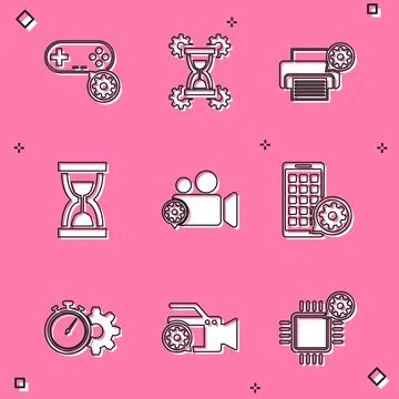 Set Gamepad setting, Hourglass, Printer, Old hourglass with sand, Video cam.. Stock Illustration