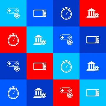 Set Gamepad setting, Microwave oven, Stopwatch and Bank building icon. Vector Illustrazione stock