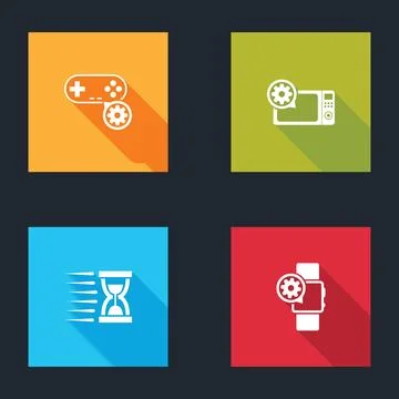 Set Gamepad setting, Microwave oven, Old hourglass with sand and Smartwatch icon Stock Illustration