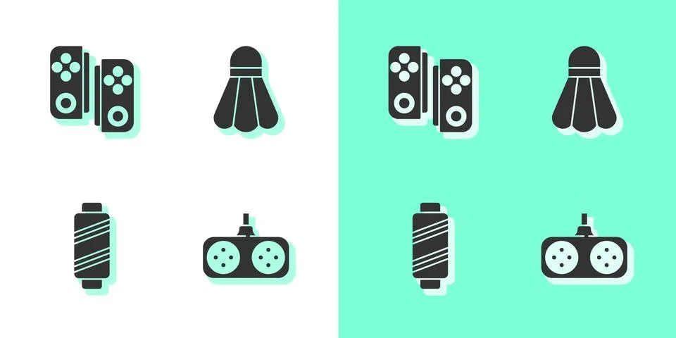 Set Gamepad, , Sewing thread on spool and Badminton shuttlecock icon. Vector Illustrazione stock