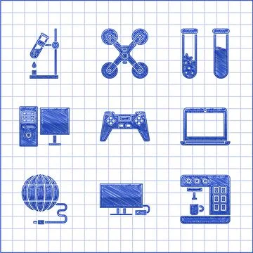 Set Gamepad, Smart Tv, Coffee machine, Laptop, Social network, Computer monitor 스톡 일러스트