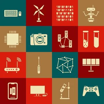Set Gamepad, Solar energy panel, Test tube and flask, Binary code, Mirrorle.. Stock Illustration