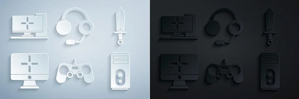 Set Gamepad, Sword for game, Computer monitor, Headphones and icon. Vector 库存插图